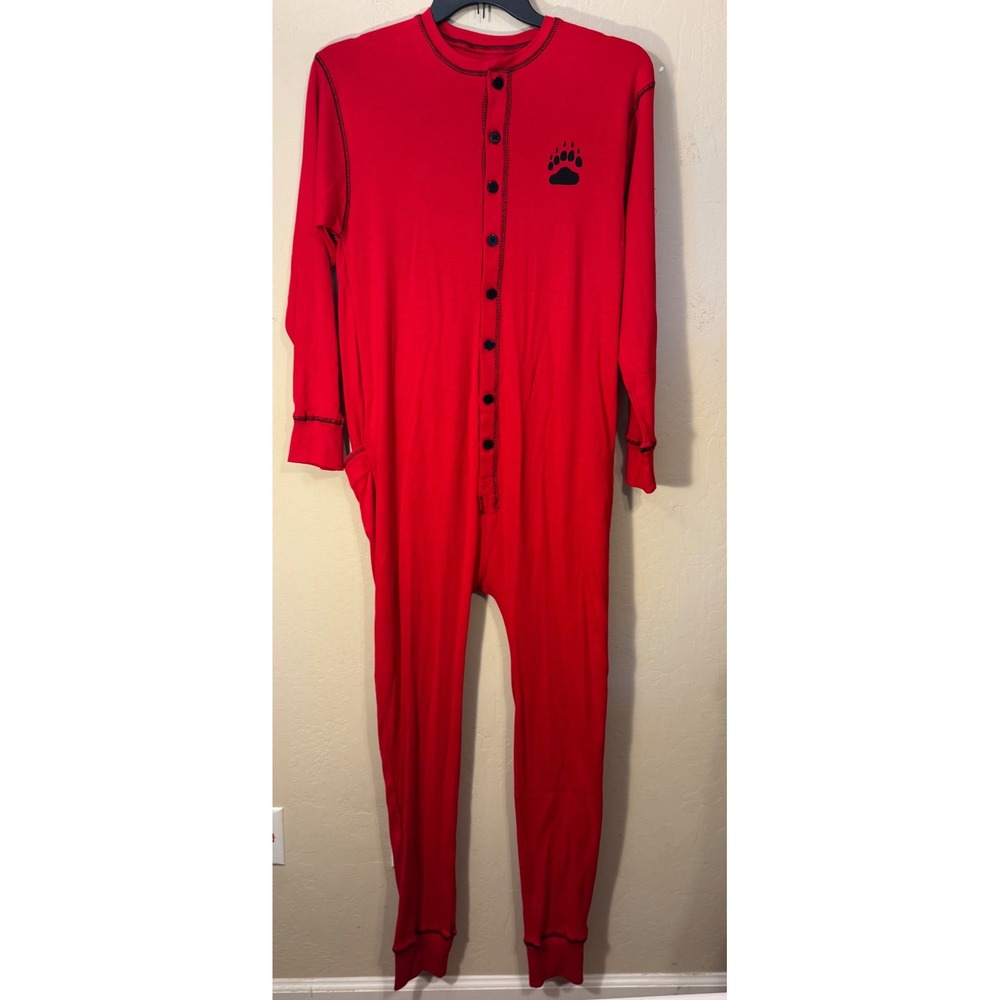 LazyOne Flapjack‎ Union Suit Adult M Red Bear Bum Long John Pajamas Unisex NEW